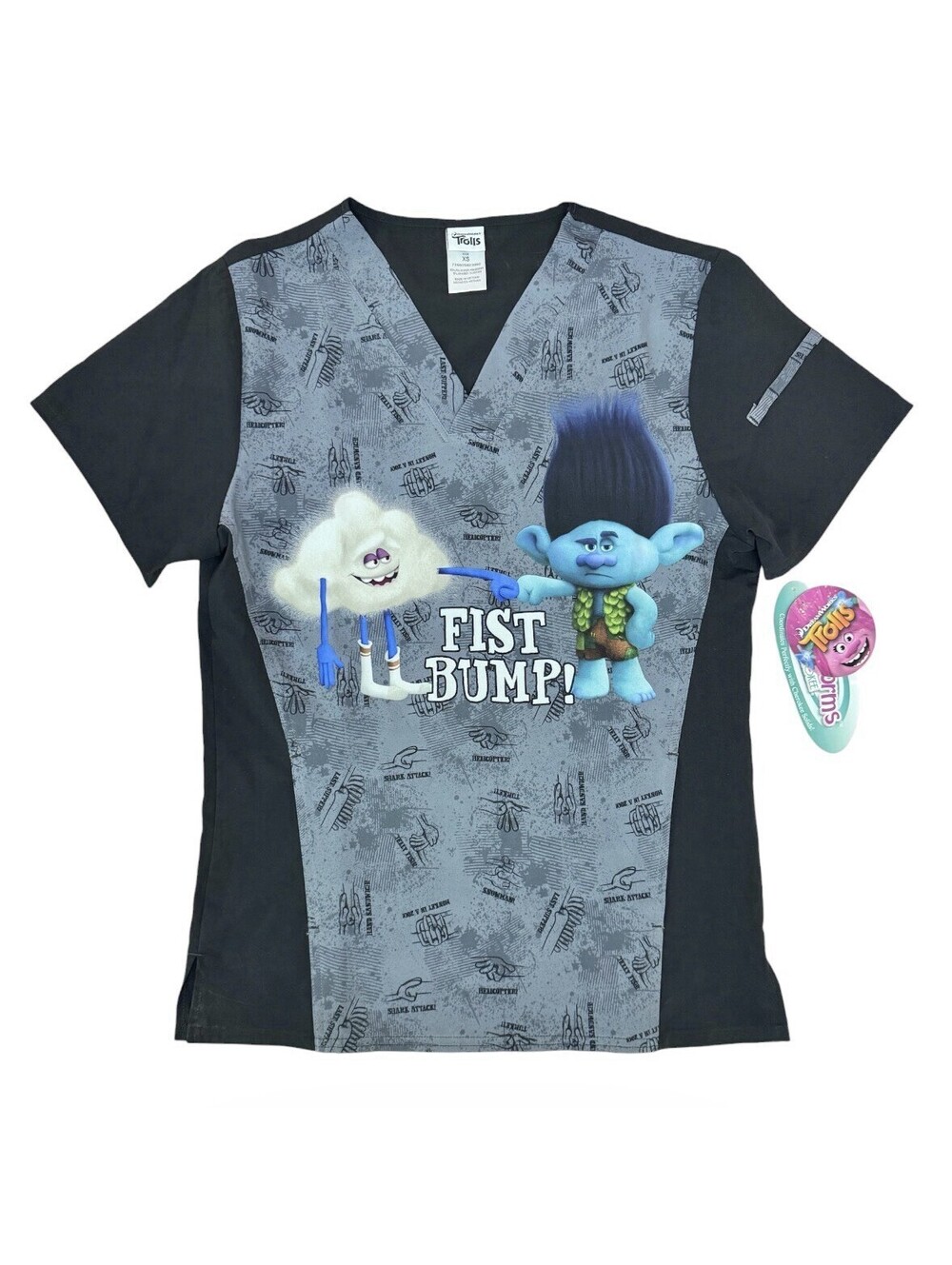 (RF) DreamWorks Trolls Tooniforms Medical Scrub Top XS Black Fist Bump V-Neck